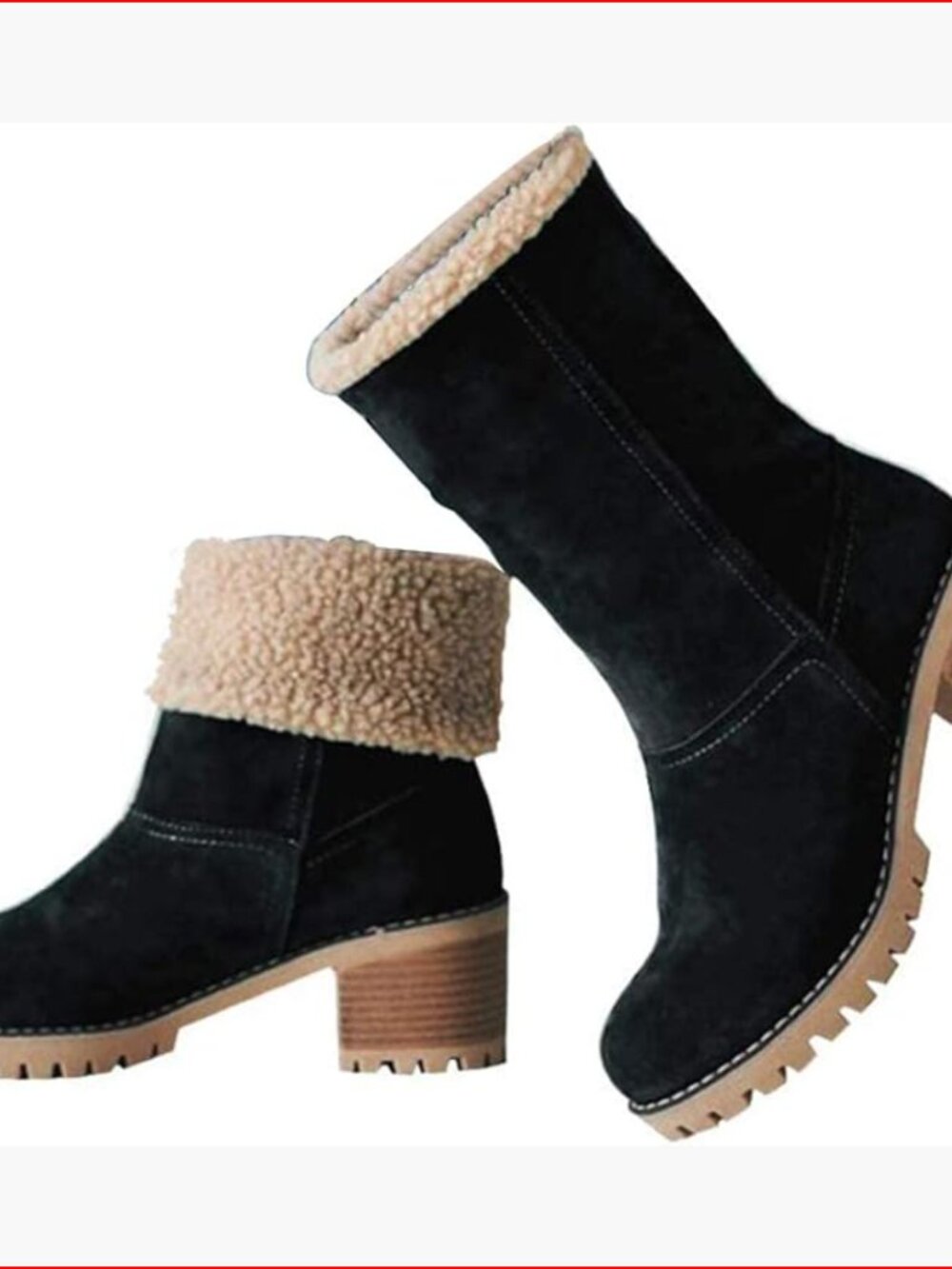 Slip On Mid Chunky Heel Suede Winter Boots Waterproof Snow Ankle